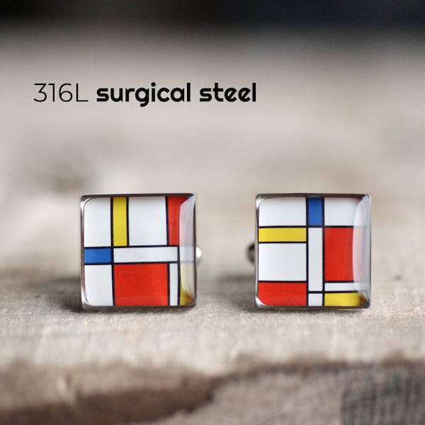 Mondrian Manschettenknöpfe, Edelstahl Manschettenknöpfe, für Männer, Kunst Manschettenknöpfe, geometrische Manschettenknöpfe, Geschenk für Ihn, Hochzeit