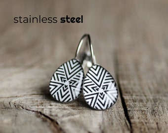 Geometric earrings, Stainless steel earrings, Black and white earrings, Drop shaped tiny elegant French clip earring, gift for her