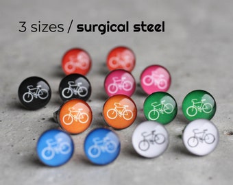 Bicycle earring studs, Surgical steel studs, Tiny post earrings, Sport stud earrings, gift for him, blue black white orange red green pink