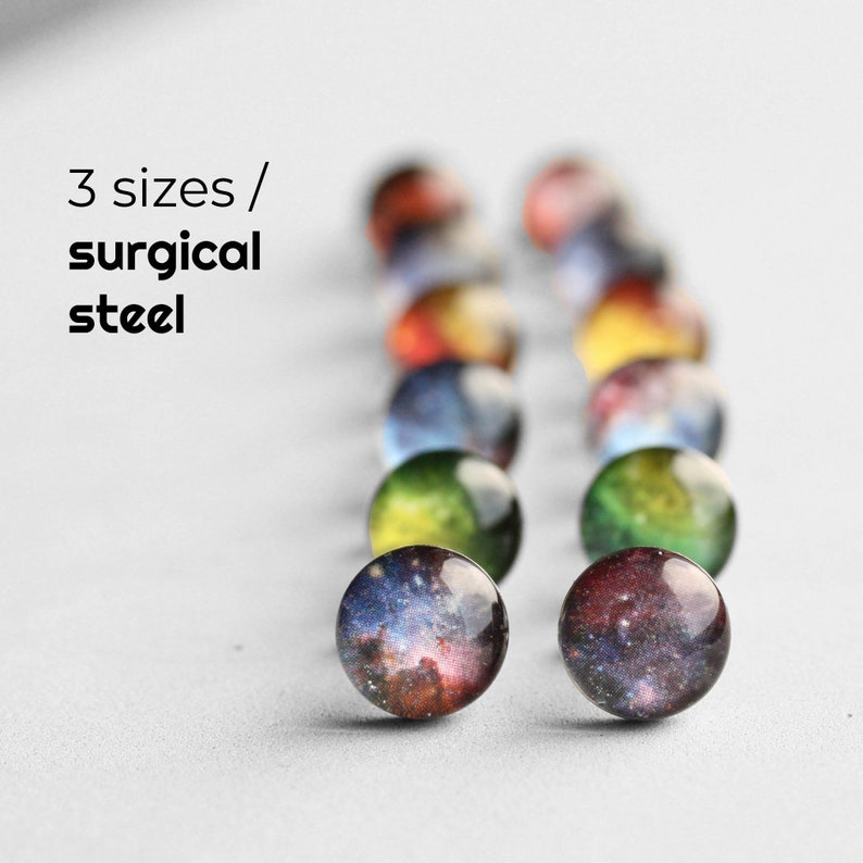 Space earring studs, Surgical steel studs, Universe post earring, Stardust earring post, Tiny earring studs, gift for her, galaxy jewelry 