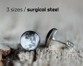 Full Moon earring studs, Surgical steel posts, Tiny earring studs, Space jewelry, Moon earring, mens earrings