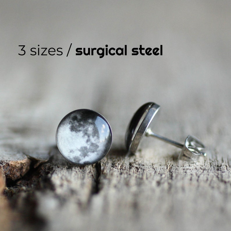 Full Moon earring studs, Surgical steel posts, Tiny earring studs, Space jewelry, Moon earring, mens earrings 