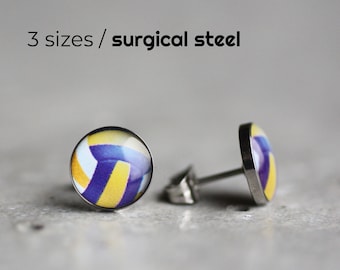 Volleyball stud earrings, Surgical steel post, colorful volleyball earring studs, mens earrings, sport ball stud sport jewelry