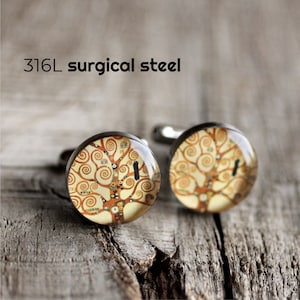 Klimt Cufflink, Surgical steel cuff link, Tree of Life Cuff Link, Wedding cuff links for groom, groomsmen
