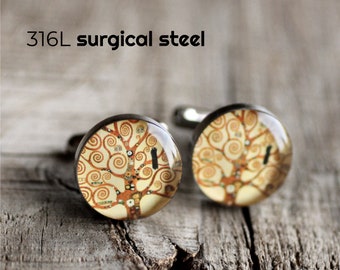 Klimt Cufflink, Surgical steel cuff link, Tree of Life Cuff Link, Wedding cuff links for groom, groomsmen