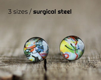 Kandinsky post earrings, Surgical steel stud, Tiny earring studs, Abstract Art stud earrings