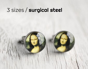 Mona Lisa post earrings, Surgical steel stud, Da Vinci earring studs, Fine art stud earrings, Mother's day