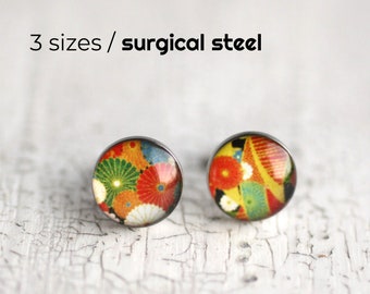 Japanese earring stud, Surgical steel earring post, Floral stud, Tiny earring studs, gift for her