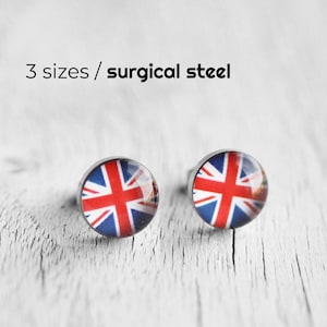 May include: A pair of surgical steel stud earrings with a Union Jack flag design. The earrings are available in three sizes.