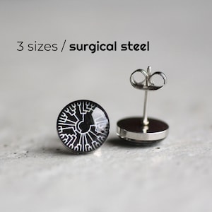 May include: A pair of black and white surgical steel earrings with a circular design. The earrings are 3 sizes.