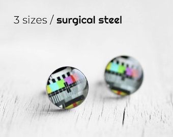 Monoscope post earrings, Surgical steel stud, Tiny earring studs, TV test pattern stud earrings, mens earrings, earrings for men