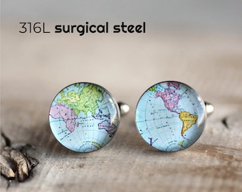 World Map Cufflink,  Stainless steel cuff link, Vintage Map Cuff Link, Wedding cuff links for groom, groomsmen