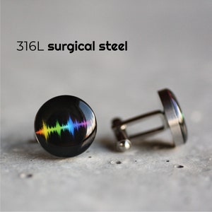 Boutons de manchette en acier inoxydable Sound Wave, boutons de manchette musique, cadeau Soundwave pour lui, boutons de manchette disco, boutons de manchette DJ