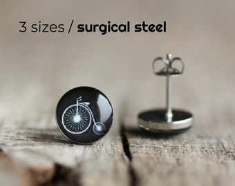 Penny Farthing post earrings, Surgical steel studs, Tiny black earring studs, Sport stud earrings, vintage bike