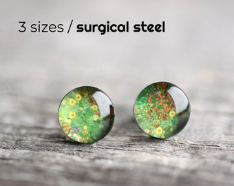 Floral post earrings, Surgical steel stud, Klimt earring studs, Fine art stud earrings, Sunflower