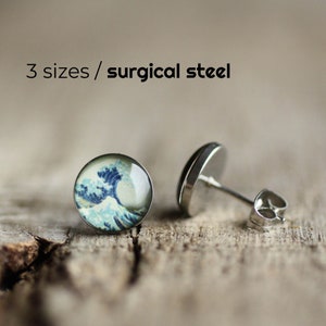 Hokusai earring studs, The Great Wave off Kanagawa post earrings, Japanese earring stud, Surgical steel earring post, gift for her