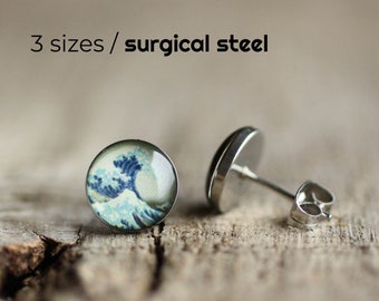 Hokusai earring studs, The Great Wave off Kanagawa post earrings, Japanese earring stud, Surgical steel earring post, gift for her