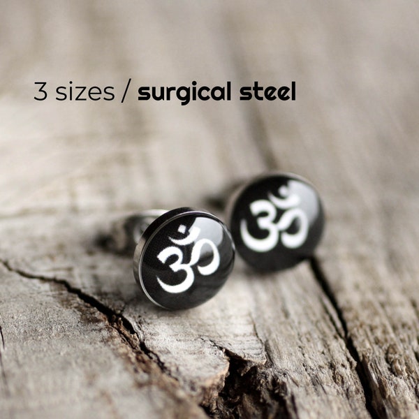 OM ear studs, Surgical steel posts, zen earring studs, mens earrings, gift for him, earrings for men, gift for yogi, namaste earrings