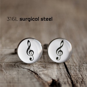 Boutons de manchette clé de sol, boutons de manchette musique, boutons de manchette en acier inoxydable, boutons de manchette musicien, boutons de manchette mariage pour lui boutons de manchette blancs