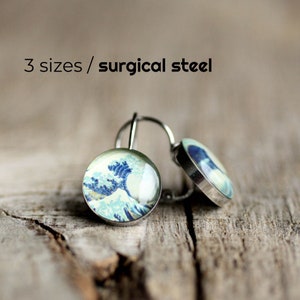 Great Wave dangle earrings, Surgical steel french clip earrings, Hokusai dangle earring, japanese earring, Kanagawa leverback earrings