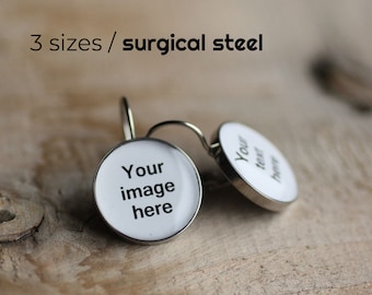 Custom photo earring, Surgical steel earring, Personalized leverback earring, dangle, french clip, Mother's day, gift for her