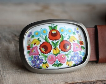 Floral Belt Buckle with Hungarian Floral Motif, Kalocsai Wearable Art Belt Buckle