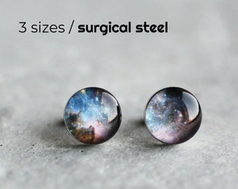 Stardust post earrings, Surgical steel studs, Universe earring stud, Space earring post, Tiny earring studs, blue and lilac