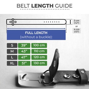 Op de afbeelding: Een riemmaatgids met een diagram van een riem en gesp. De gids toont riemmaten S (100 cm), M (110 cm), L (120 cm) en XL (130 cm), met bijbehorende inch-maten.