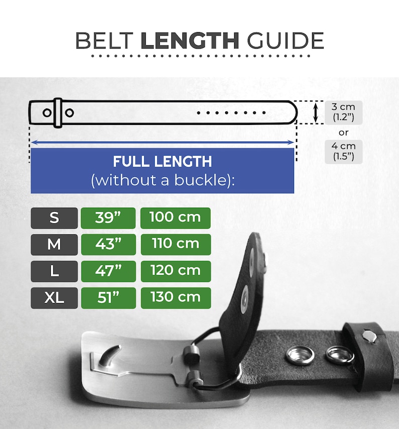Op de afbeelding: Een riemmaatgids met een diagram van een riem en gesp. De gids toont riemmaten S (100 cm), M (110 cm), L (120 cm) en XL (130 cm), met bijbehorende inch-maten.