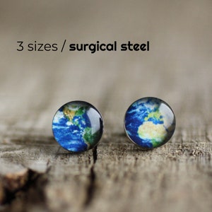 Planet Earth posts, Surgical steel studs, Tiny earring studs image 1