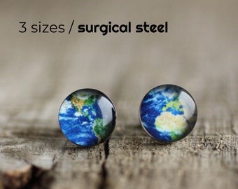 Planet Earth posts, Surgical steel studs, Tiny earring studs