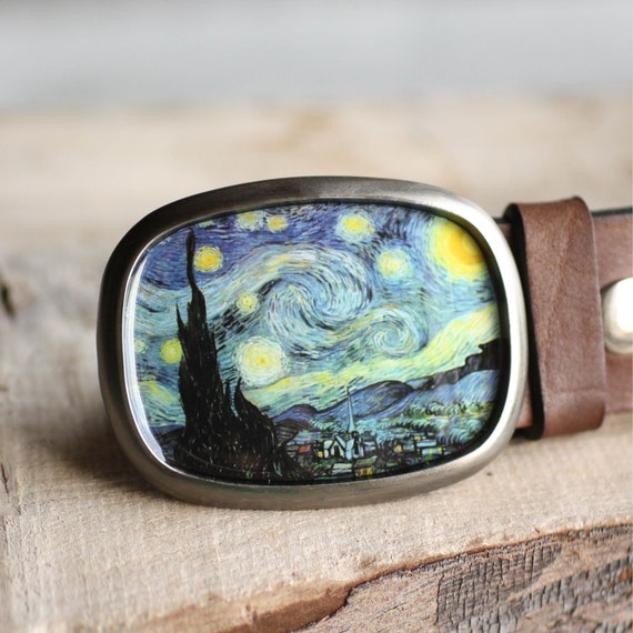 Black Leather Starry Night Buckle Belt,S-L Starry Night Belt Buckle, Van Gogh Belt Buckle, Wearable Art  main image 3