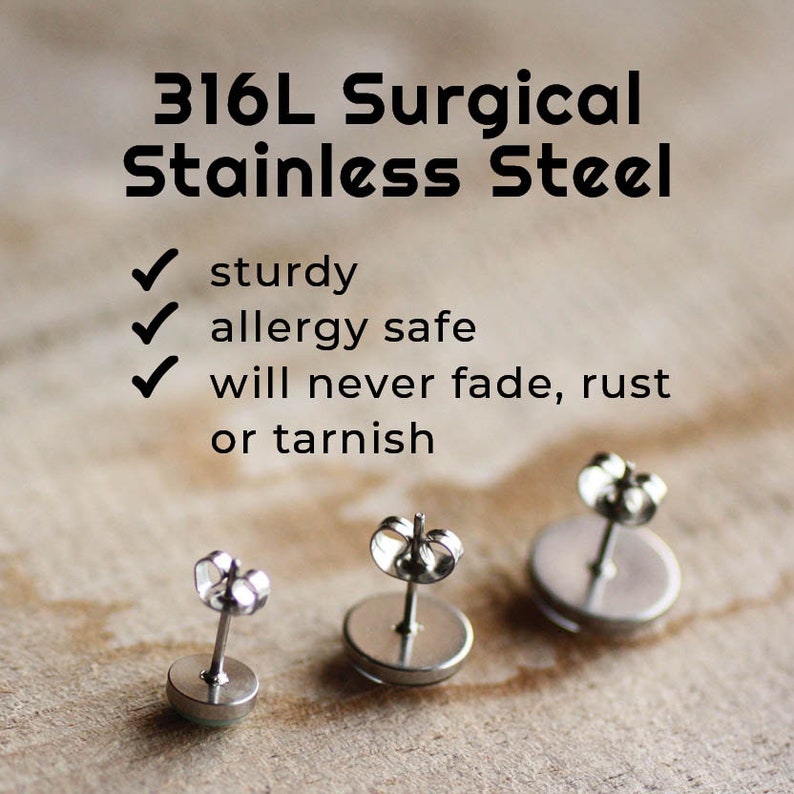 May include: Three silver surgical steel earring studs. The text "316L Surgical Stainless Steel" is at the top of the image. Below the text are three check marks with the following text: "sturdy", "allergy safe", and "will never fade, rust or tarnish".