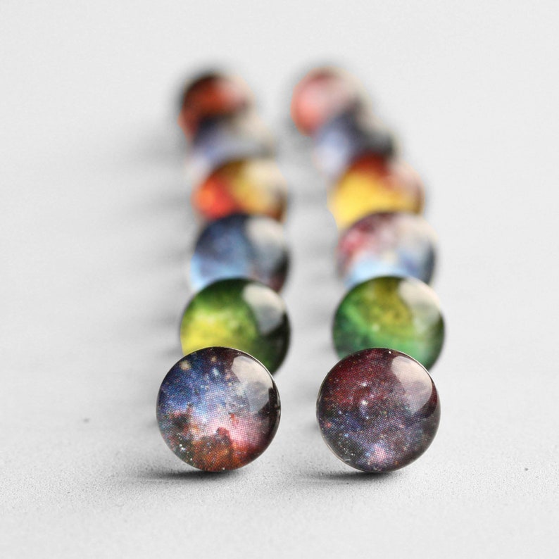 Universe Surgical steel earring studs, Tiny Turquoise and Pink Stardust / Galaxy / Space post earrings, gift for her image 5