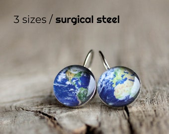 Planet Earth earrings, Surgical steel earring, Globe earrings, French clip earring, Leverback earring