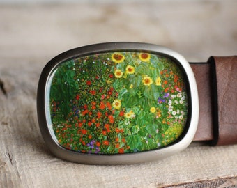 Floral belt buckle, Womens belt buckle,, Klimt belt buckle, Green belt buckle, Art Belt Buckle, gift for her