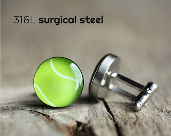 Tennis ball cufflink, Surgical steel suff link, Ball cufflink, Sport cufflink