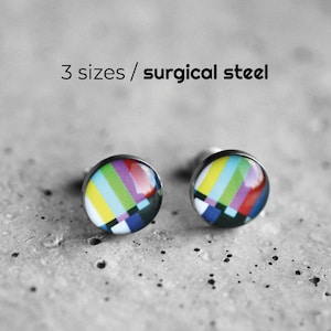 Color bars stud earrings, Surgical steel stud, Multicolor earring post Tiny earring studs, TV test pattern post, geekery, geek jewelry