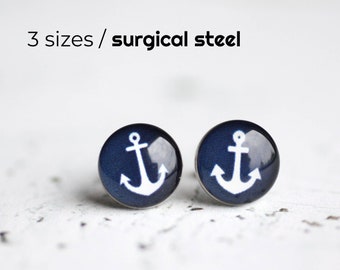 Anchor post earrings, Surgical steel studs, Nautical earring studs, Sailor dark blue earrings, mens earring, earrings for men
