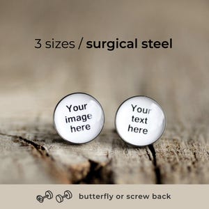 Pendientes personalizados con foto: pendientes minimalistas con imagen, joyería con imagen personalizada, acero hipoalergénico, cierre de rosca o clásico, fabricados en Europa.