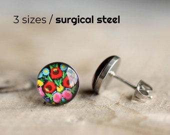 Floral post earrings (black), Surgical stainless steel studs, Hungarian earring studs, Folk motif stud earrings, Kalocsai earrins