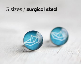 Origami boat earring studs, Surgical steel posts, nautical earring stud, sailor Tiny earring studs, paper boat gift for her, sailboat posts
