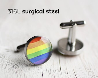Rainbow Flag cufflinks, Surgical steel cufflink, LGBTQ pride cufflink, LGBTQ gift for him. pride gift