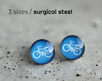 Bicycle post earrings, Surgical steel studs,Tiny blue earring studs, mens earrings, Sport stud earrings