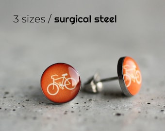 Orange Bicycle earrings, Surgical steel studs, Dutch earring stud, Tiny orange post earrings, Sport stud earrings, gift for dutch