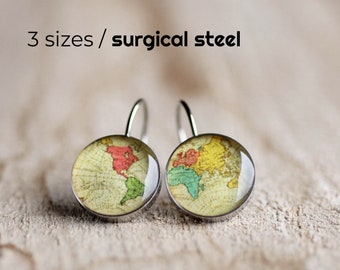 World map earrings, Surgical steel earring, Vintage map earrings, French clip, Leverback, Dangle