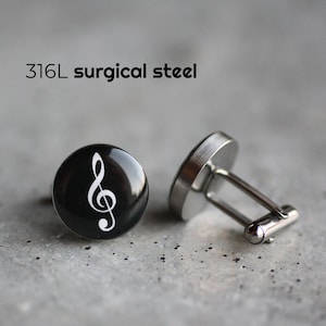 Boutons de manchette clé de sol, boutons de manchette en acier inoxydable, boutons de manchette musique, boutons de manchette musicien, boutons de manchette mariage pour lui boutons de manchette noirs