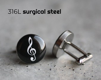 Treble Clef cufflinks, Stainless steel cufflinks, Music cuff links, Musician cufflinks, Wedding cuff links gift for him black cufflinks