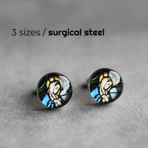 Virgin Mary earring stud, Surgical steel earring post, Religious earrings, Christian Jewelry, Blue Mary earrings, Church window earrings