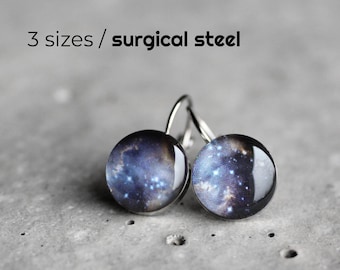 Stardust earrings, Surgical steel earring, Nebula earrings, Space French clip earring, Universe Leverback earring